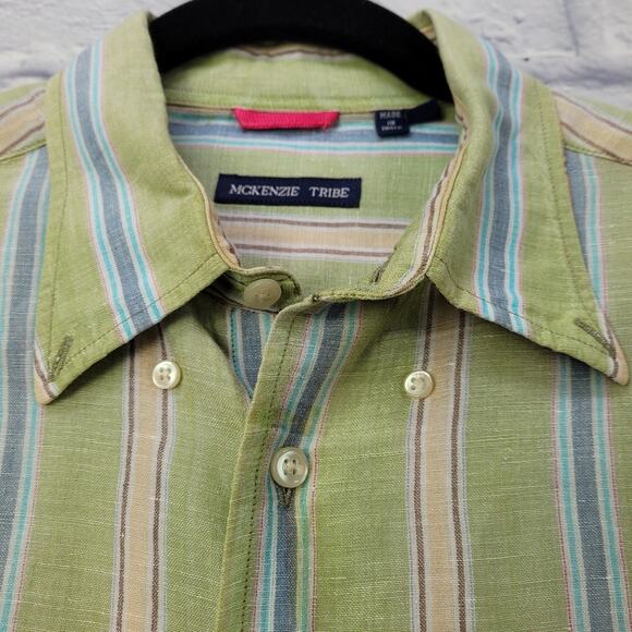 McKenzie Tribe Green Striped Linen Blend Flip Cuff Shirt size Medium - Picture 3 of 11